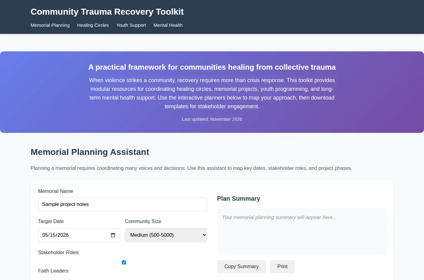 Screenshot of Community Trauma Recovery Toolkit interface showing the project page in use